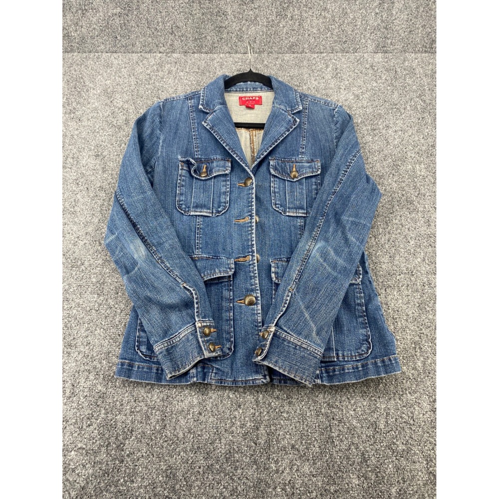 Chaps Denim Utility Field Jacket Blazer Womens Medium Blue Cotton Stretch Chore